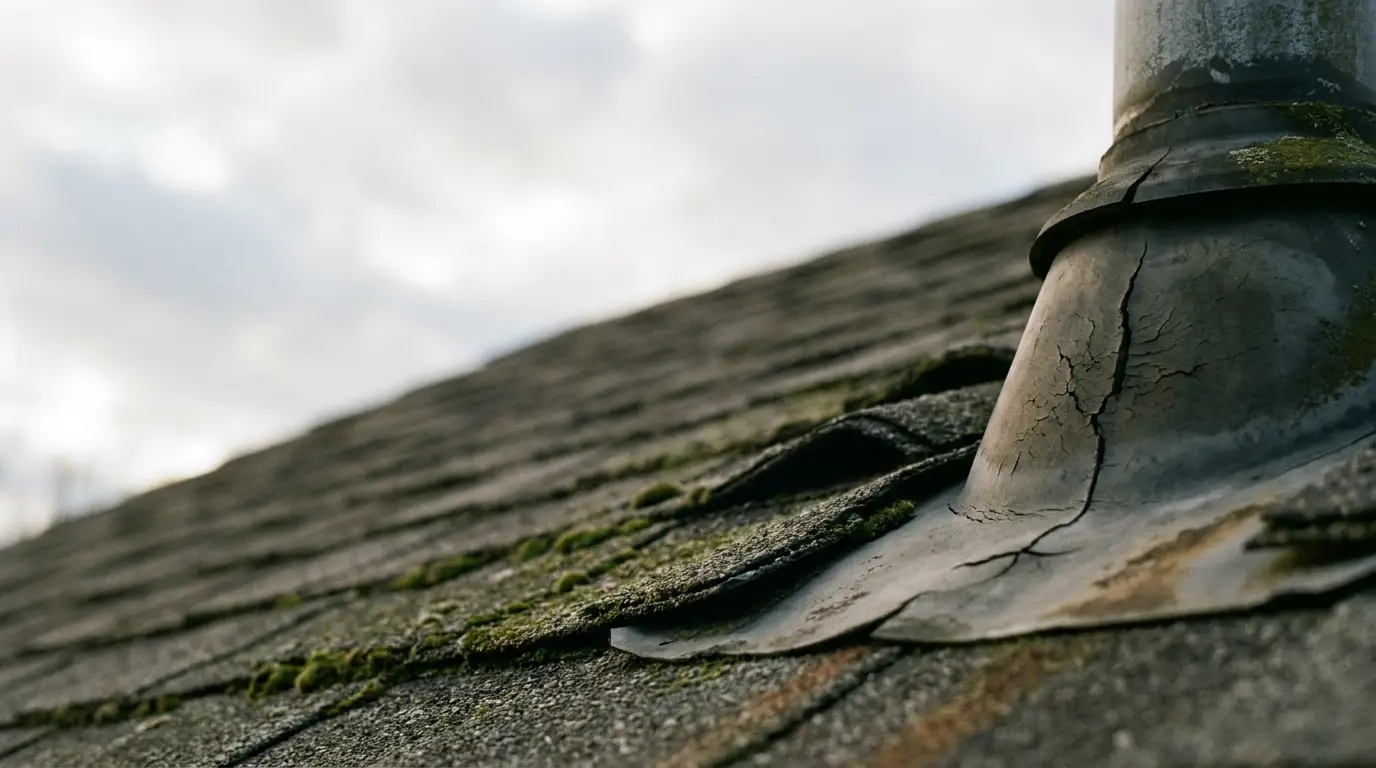 Worn asphalt roof shingles with moss and cracked vent pipe in cloudy outdoor setting