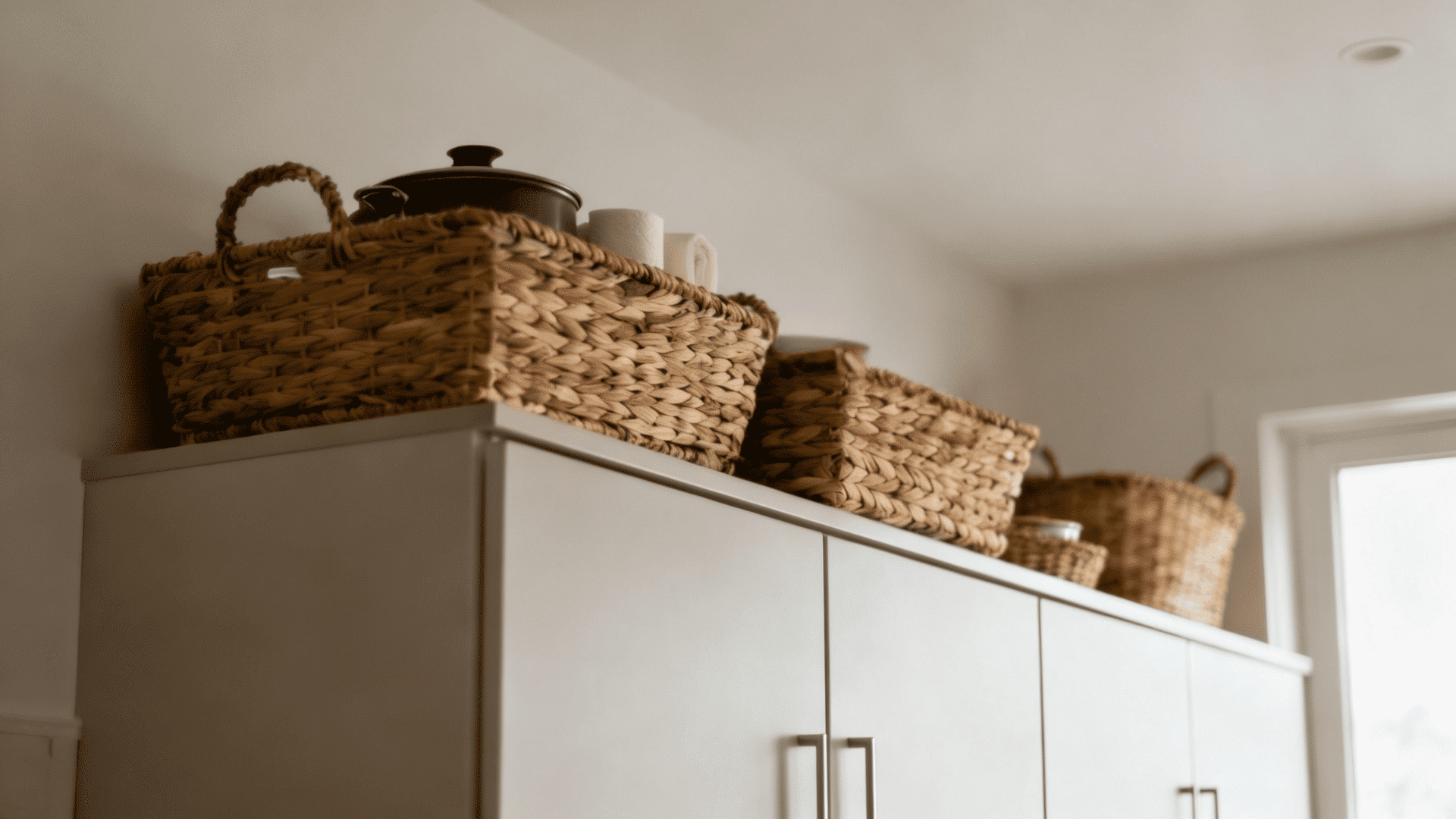Woven baskets arranged on top of light-colored kitchen cabinets