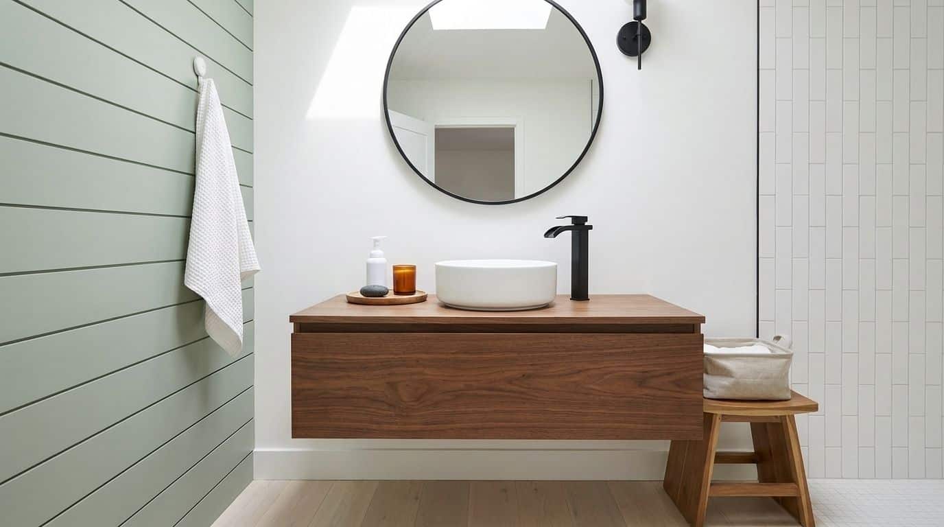 Modern floating wooden vanity with a white vessel sink and a large round black-framed mirror on a green wall.