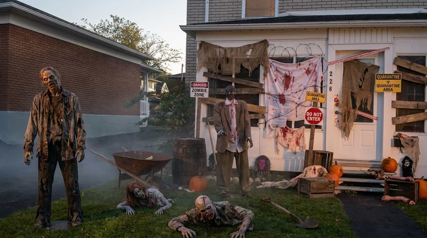 Halloween yard display featuring zombie decorations and an outdoor invasion theme