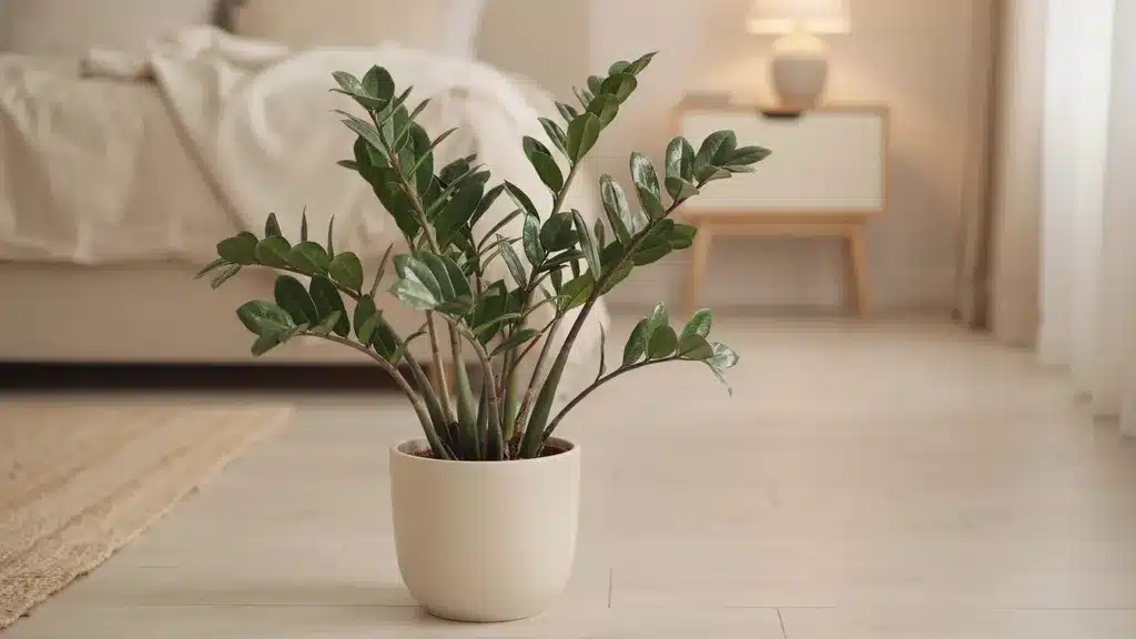 ZZ plant with glossy leaves in sharp focus and a softly blurred indoor background.