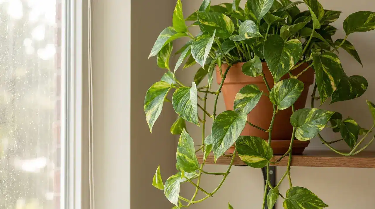 Pothos plant hanging in a bright living room with trailing green leaves and indoor decor.