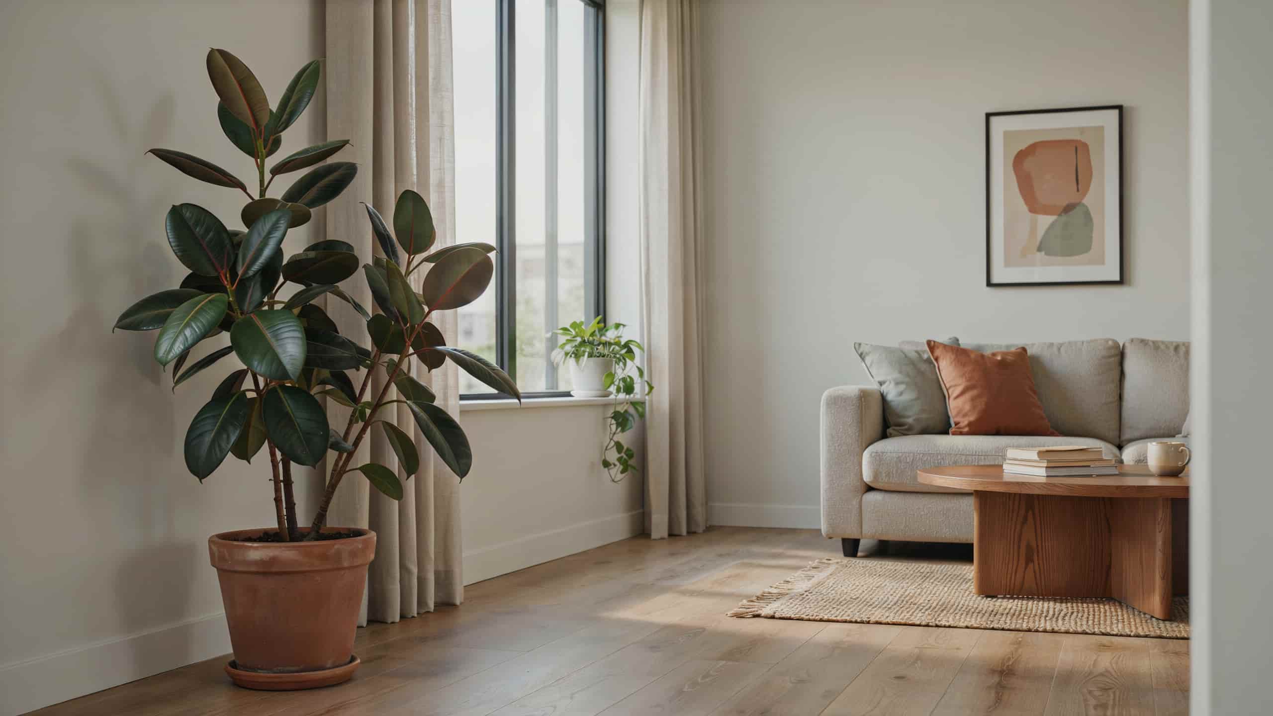 Rubber plant with large glossy leaves in a white pot in a modern living room.