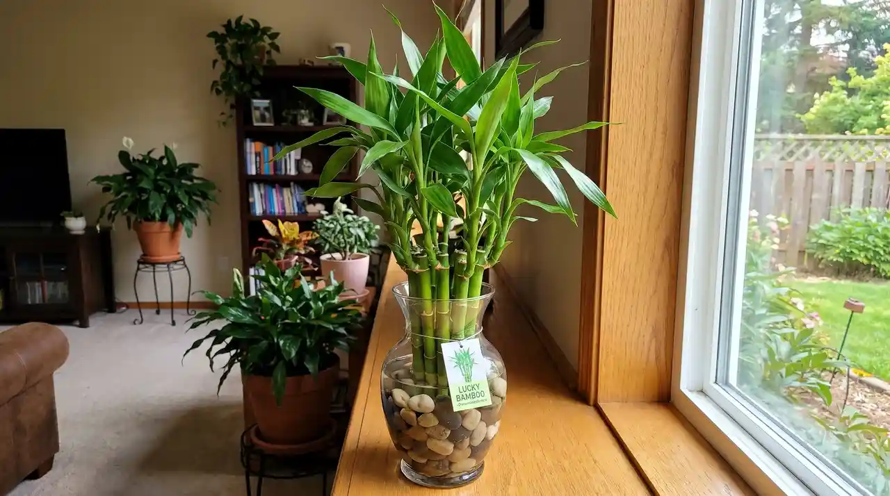 Lucky bamboo plant growing in a glass container with water and stones indoors.