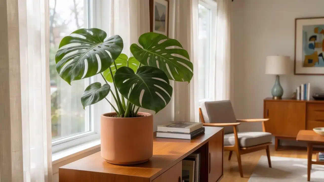 Monstera deliciosa plant with large split leaves in a terracotta pot indoors.
