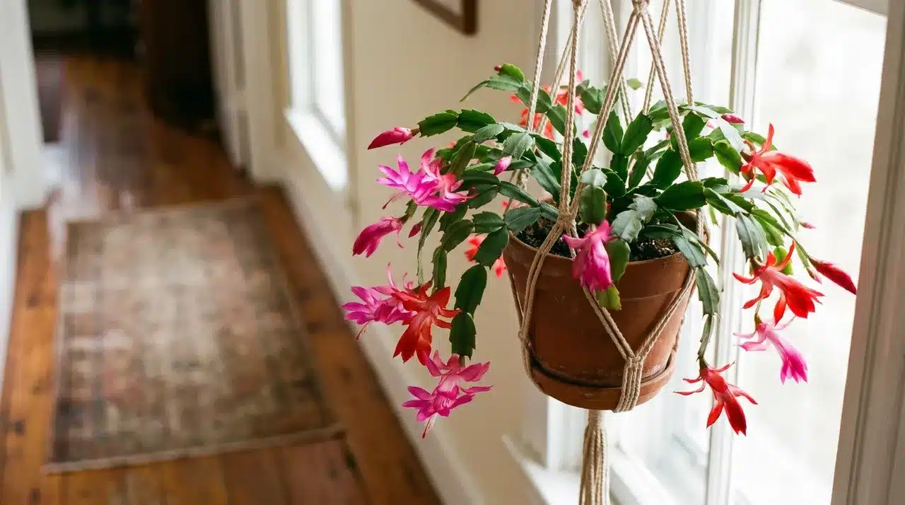 Christmas cactus with pink and red flowers growing in a hanging pot near a window.