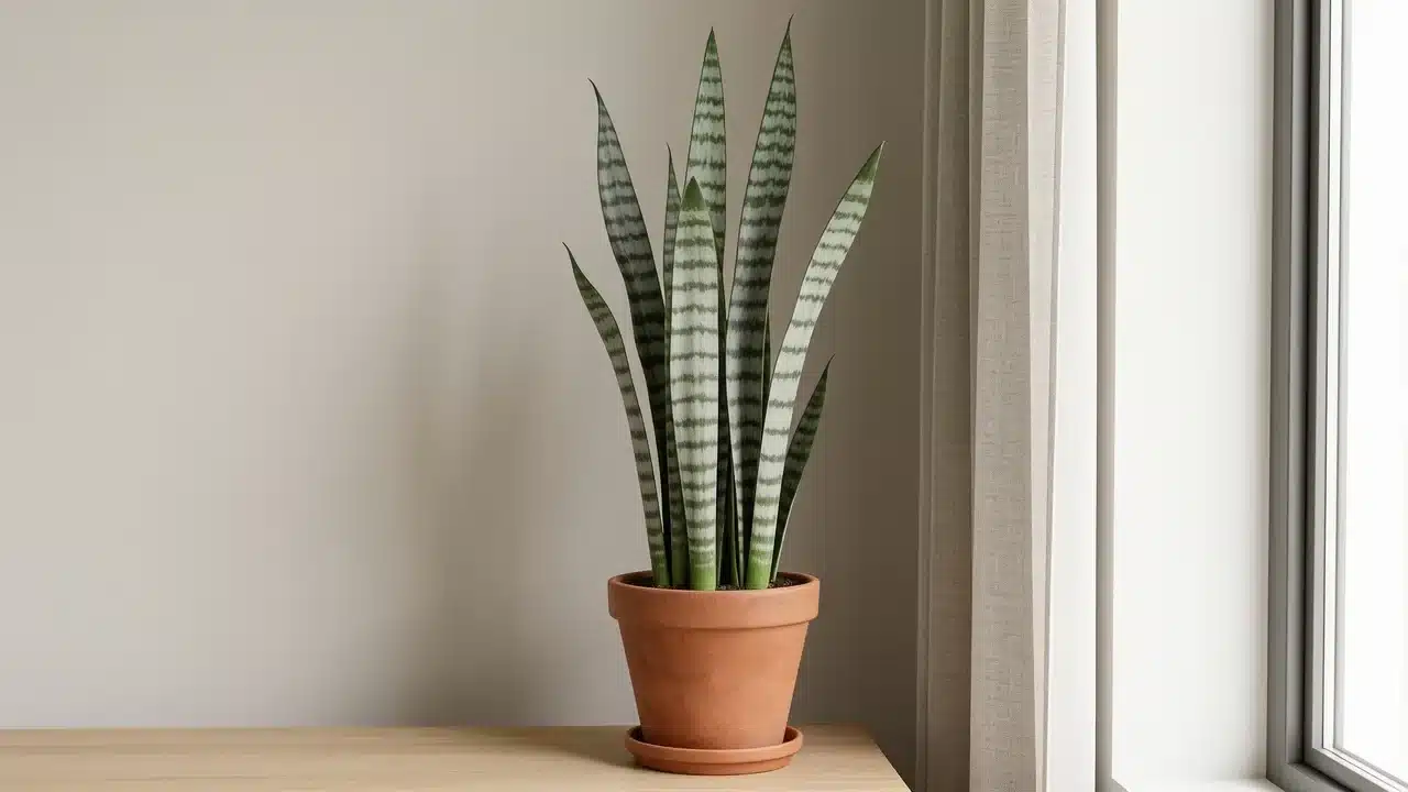Snake plant in a terracotta pot placed near a bright window indoors.