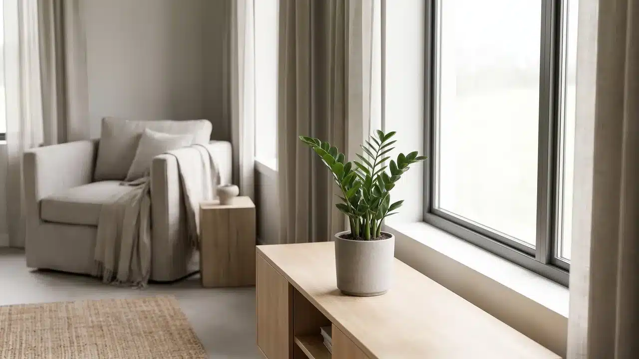 ZZ plant with glossy green leaves growing in a terracotta pot near a window.