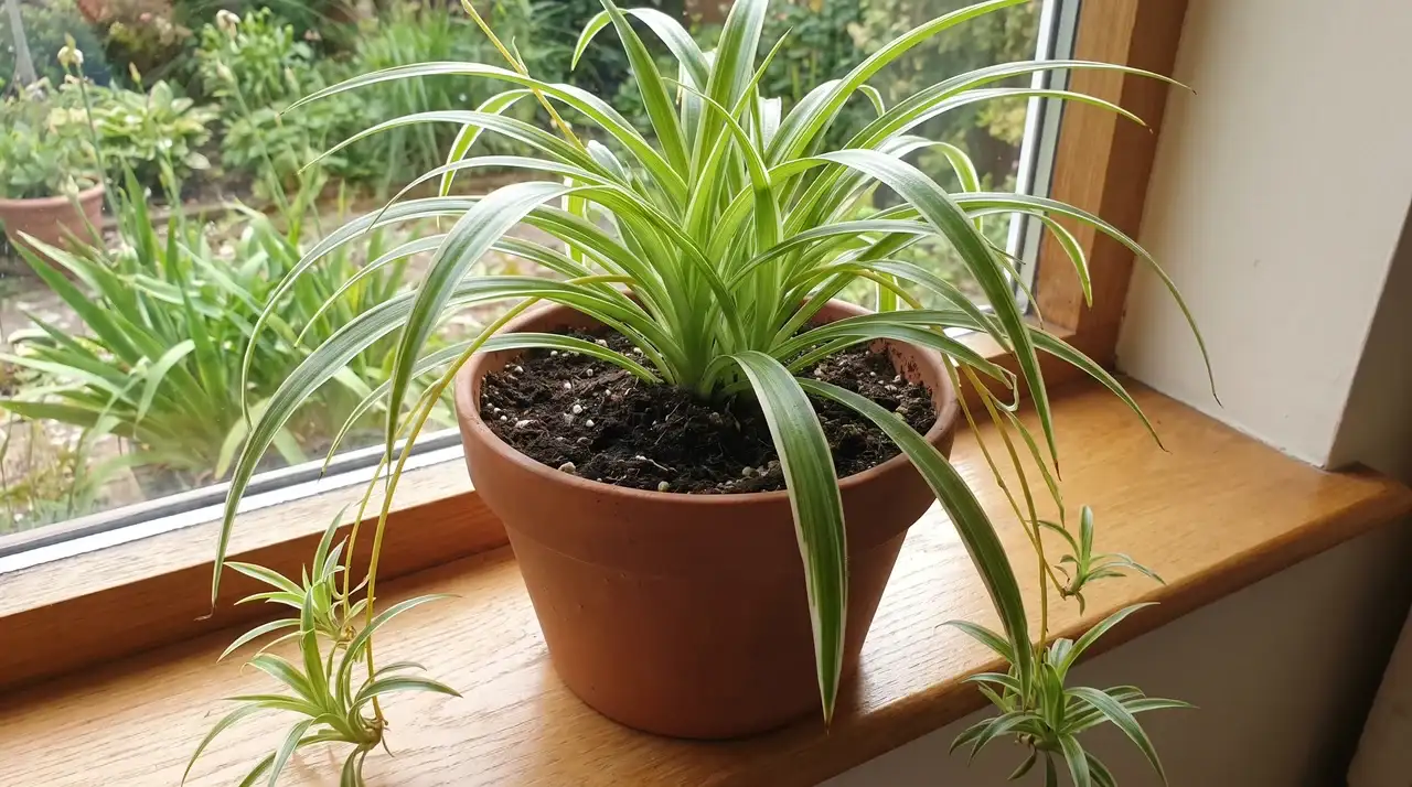 Spider plant with arching green leaves and baby plants growing in a terracotta pot.