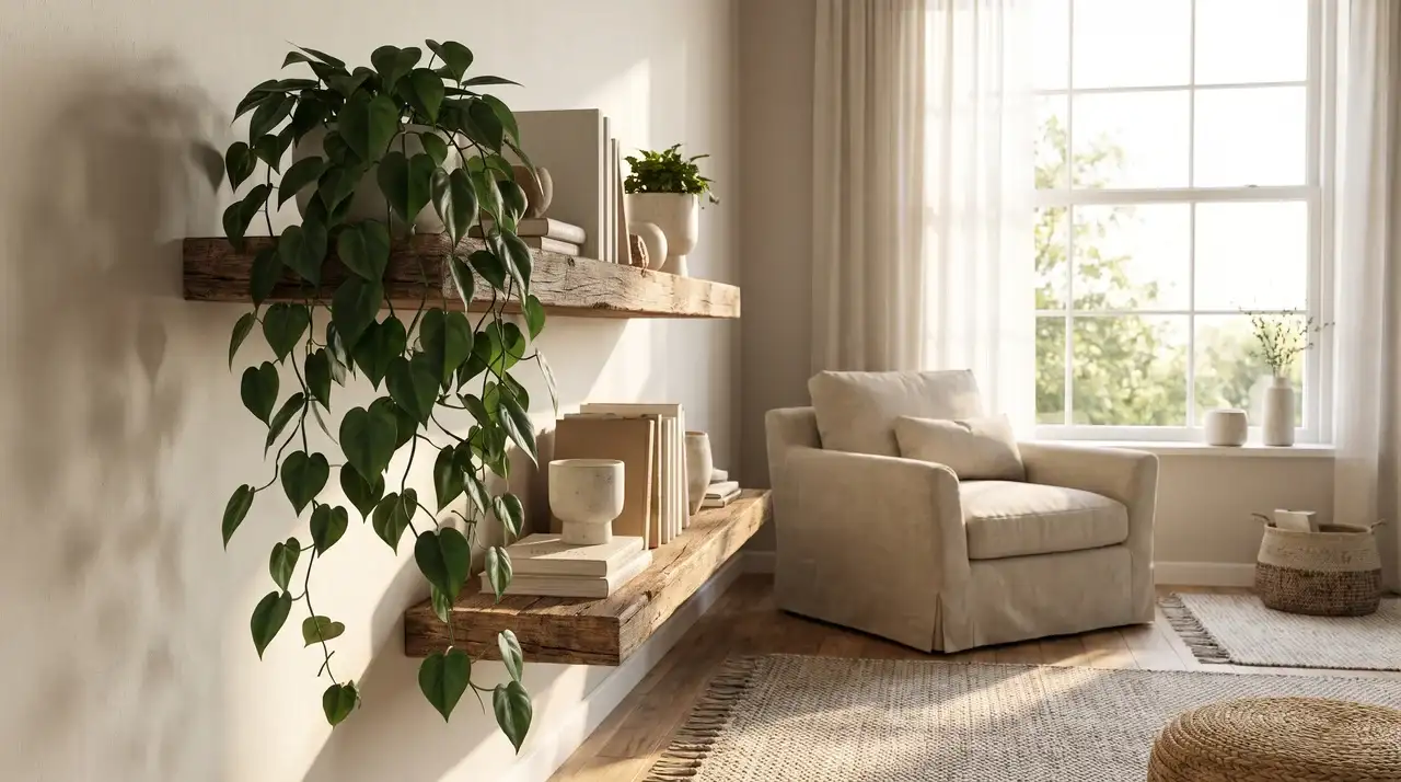 Heartleaf philodendron with trailing green leaves on a wall shelf in a bright living room.