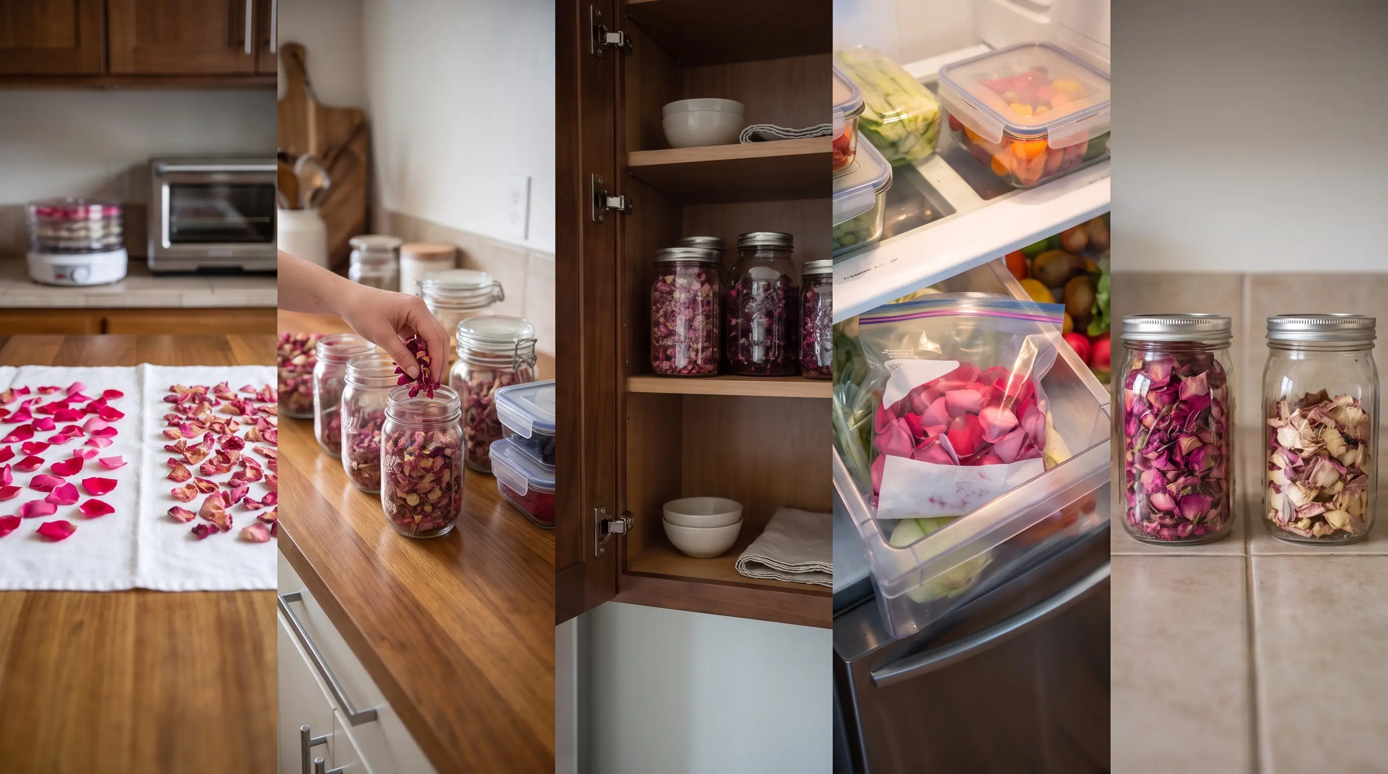 5-panel collage showing rose petal drying, storage jars, cabinet storage, fresh petals in a fridge, and preserved dried petals.