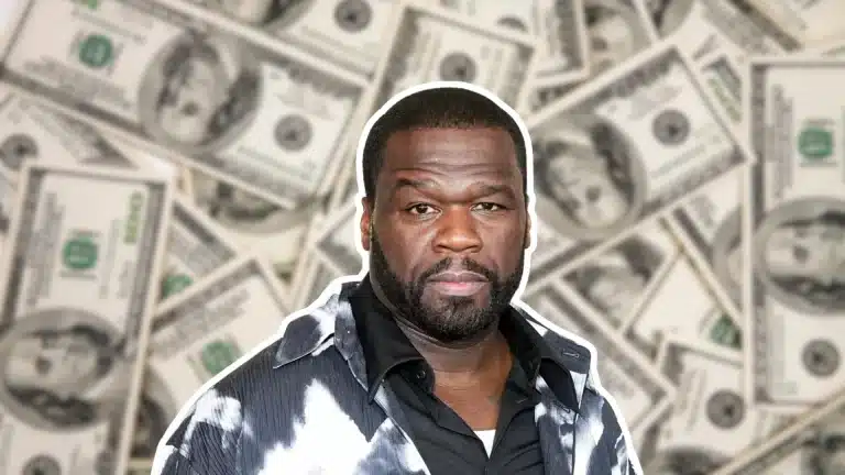 50 Cent pictured with a background of multiple US dollar bills