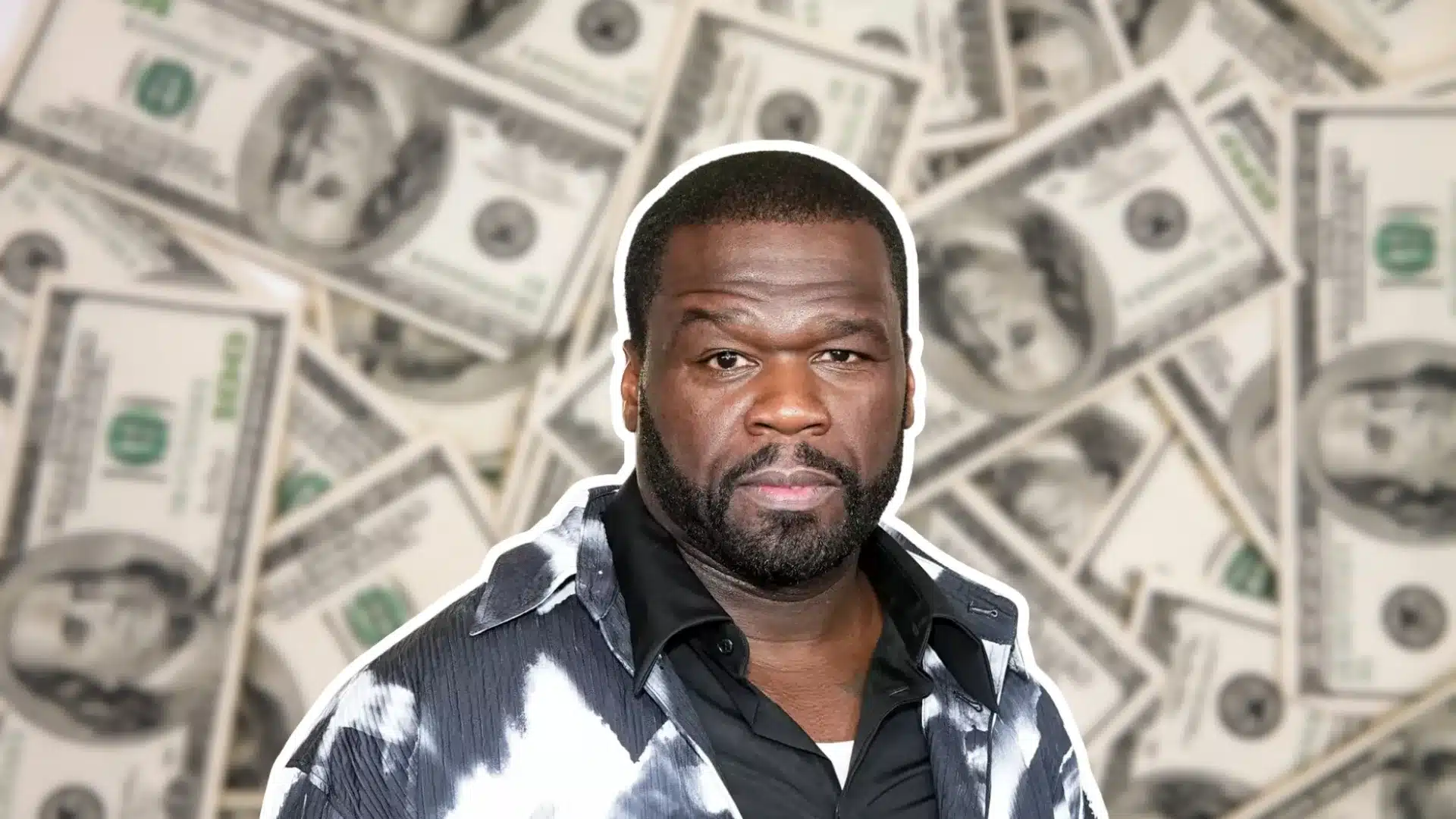 50 Cent pictured with a background of multiple US dollar bills