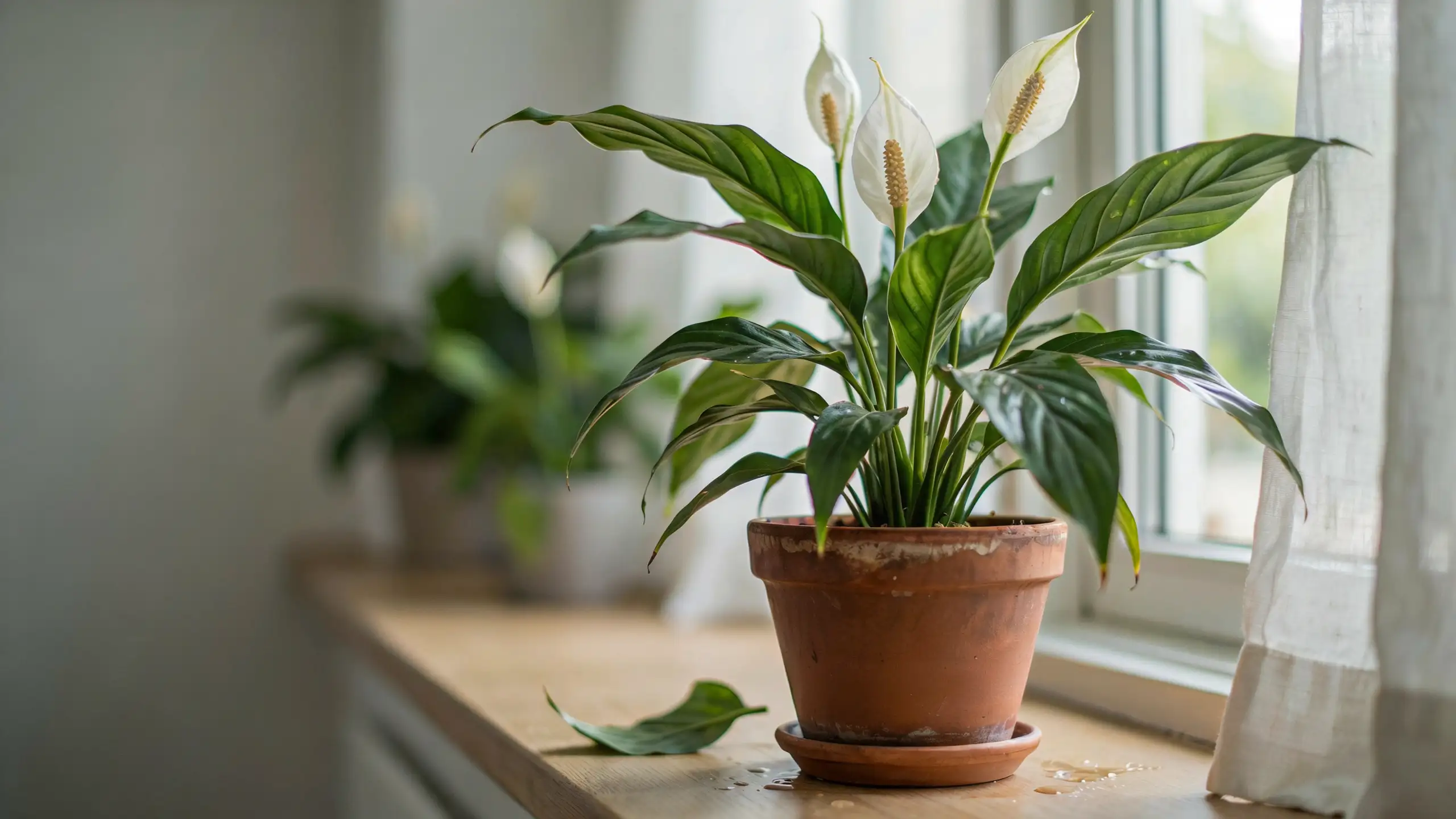 Peace lily with white flowers growing in a terracotta pot near a bright window.