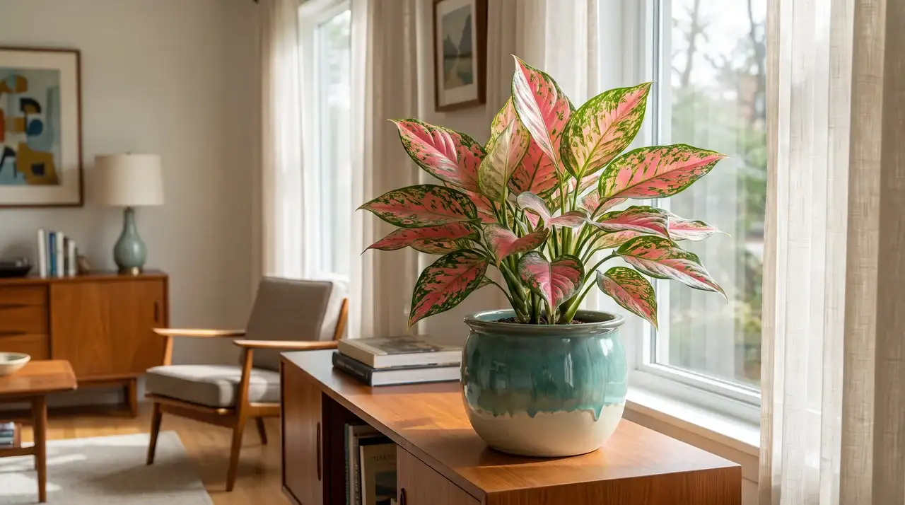 Chinese evergreen plant with pink and green leaves in a ceramic pot indoors.