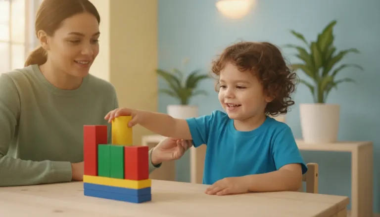 Child stacking colorful building blocks at a wooden table with a smiling adult in a bright room