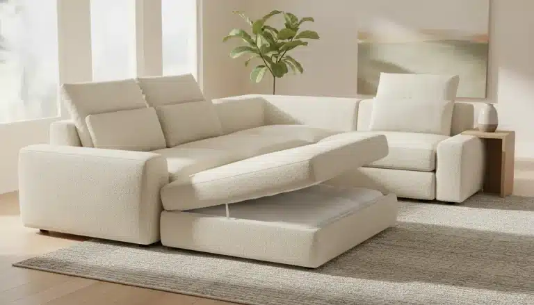 Light beige sectional sofa with storage chaise in modern living room, potted plant in the corner