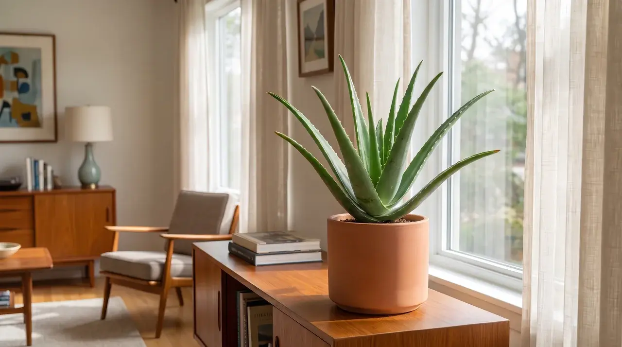 Aloe vera plant in a terracotta pot placed near a sunny indoor window.