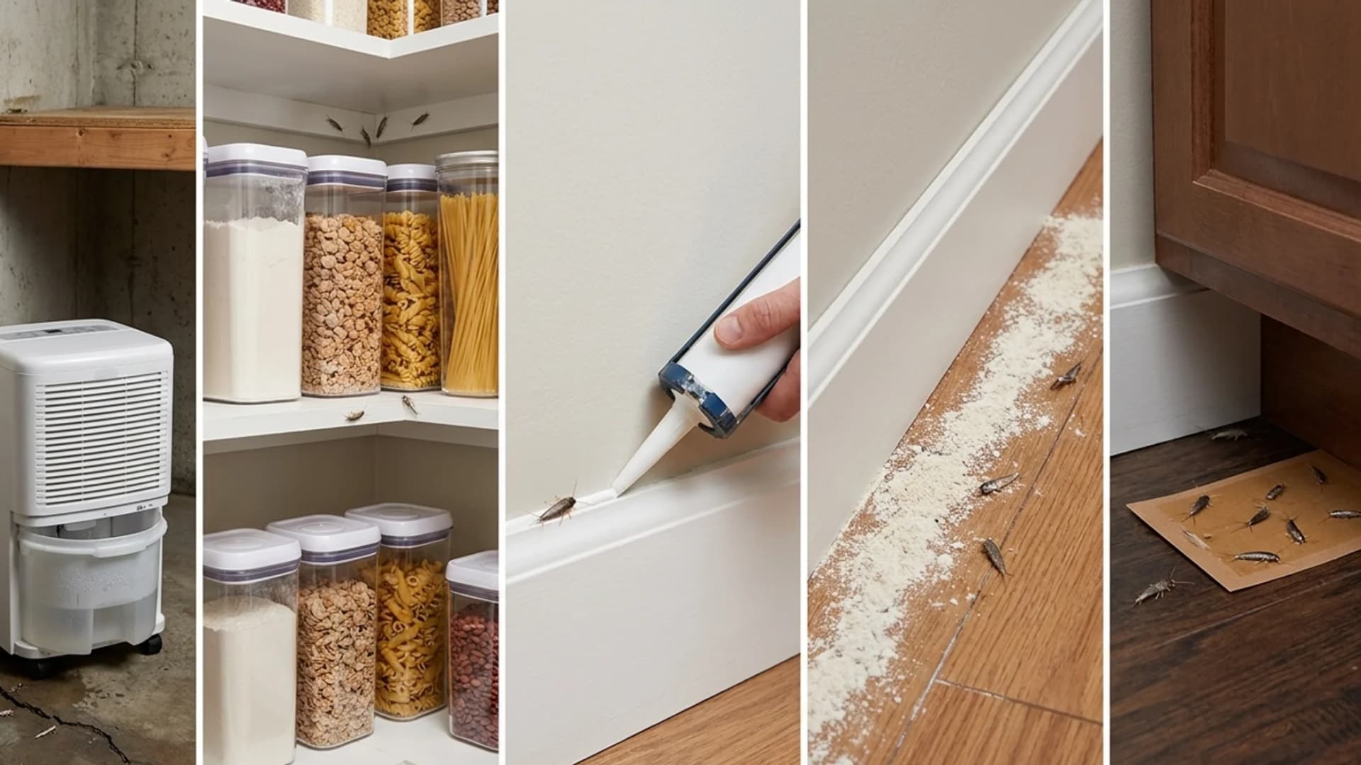 A five-panel collage showing dehumidifying, airtight food storage, caulking, diatomaceous earth, and pest traps.