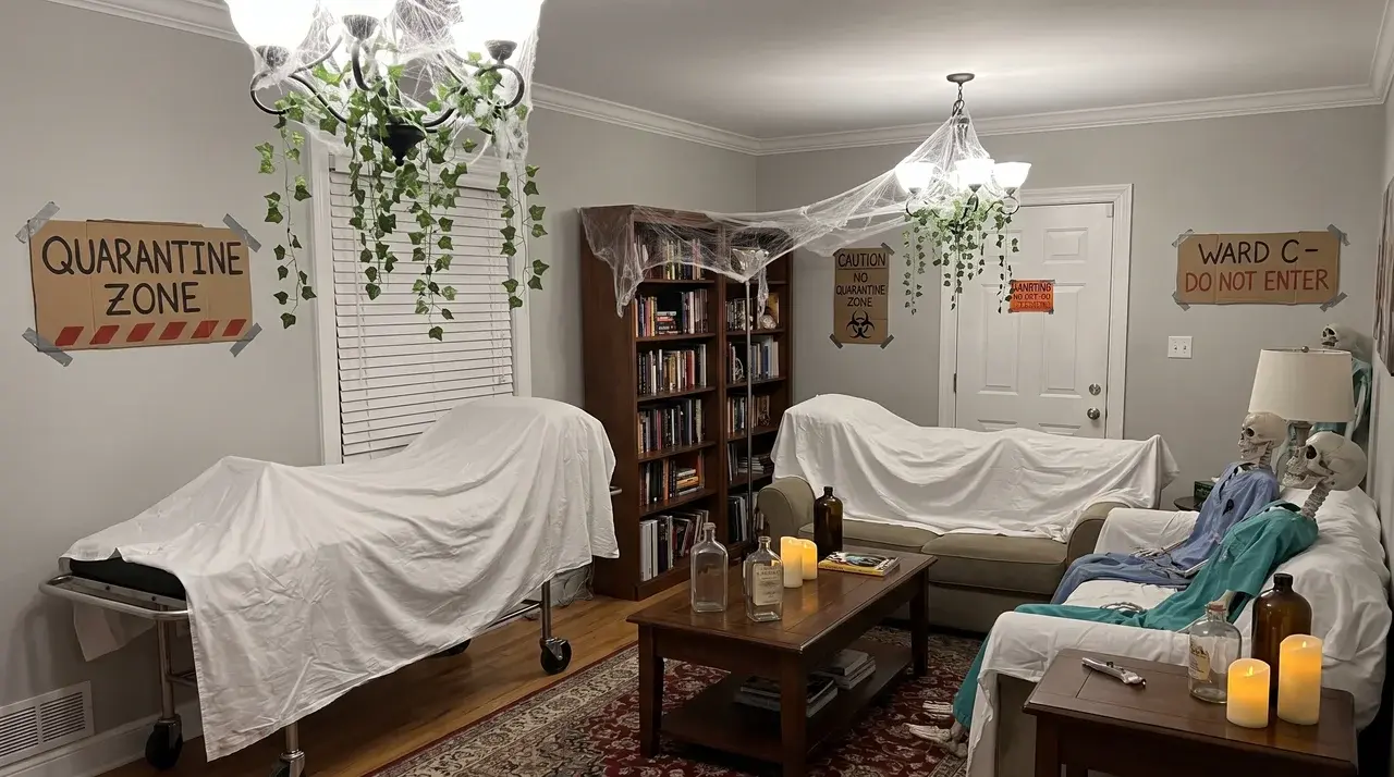 Abandoned hospital Halloween themes with vintage medical props and eerie room decorations.