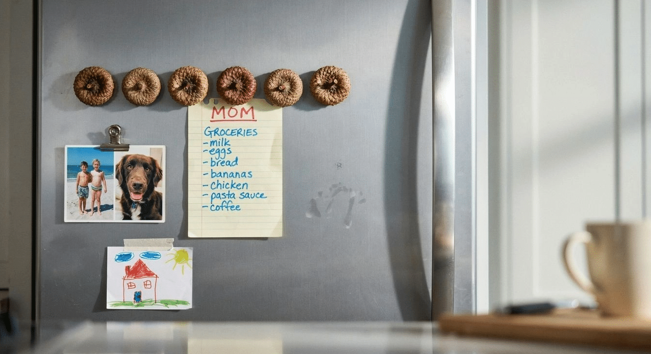 Acorn cap magnets lined up on a kitchen fridge door