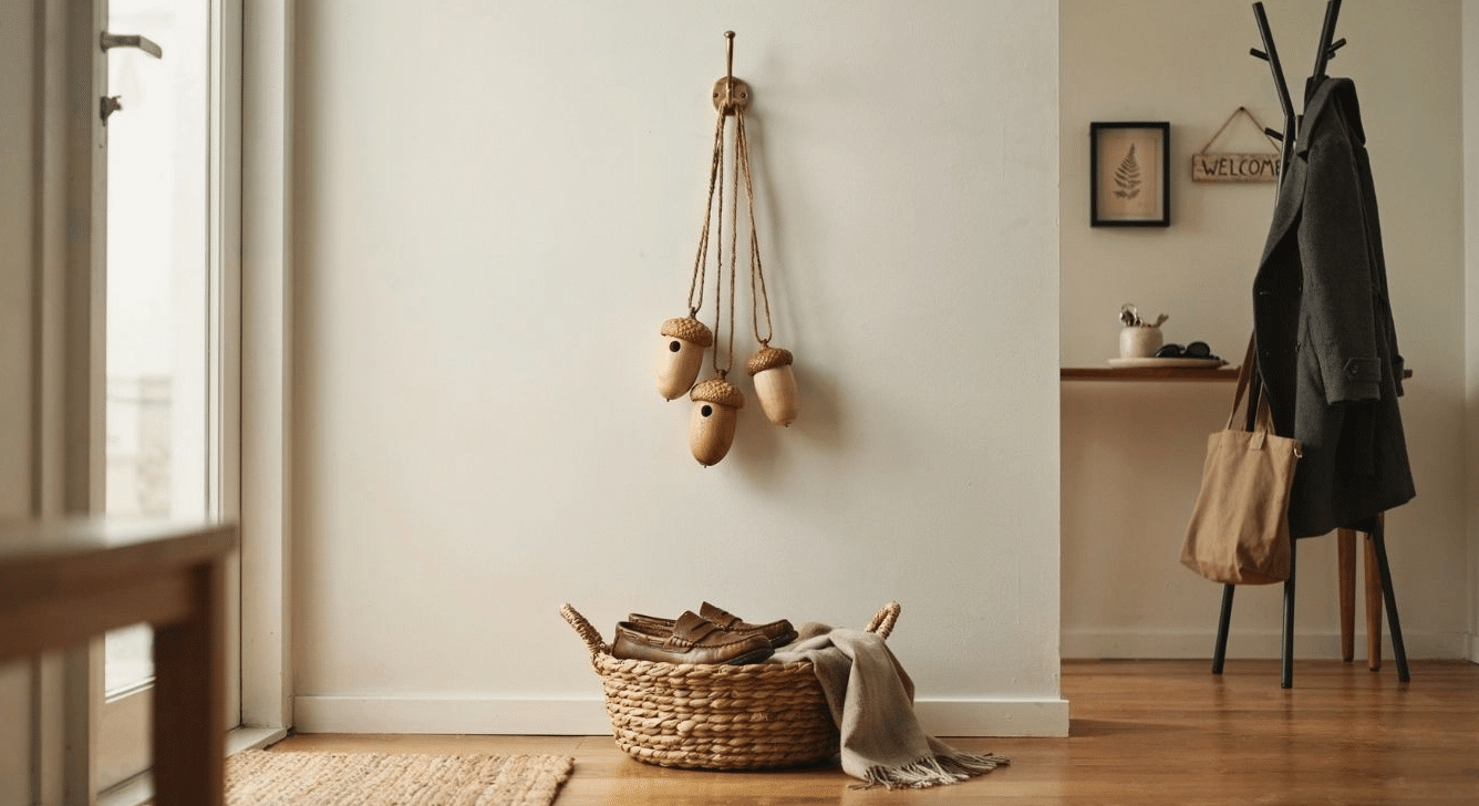 Acorn whistle necklaces hanging on an entryway wall hook
