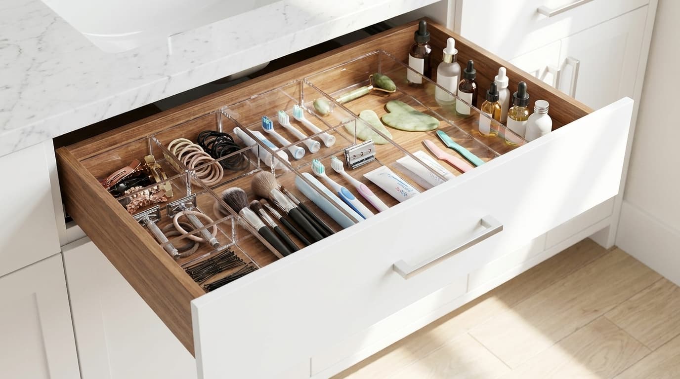 Bathroom vanity drawer with clear dividers organizing makeup, brushes, skincare tools, and small essentials.