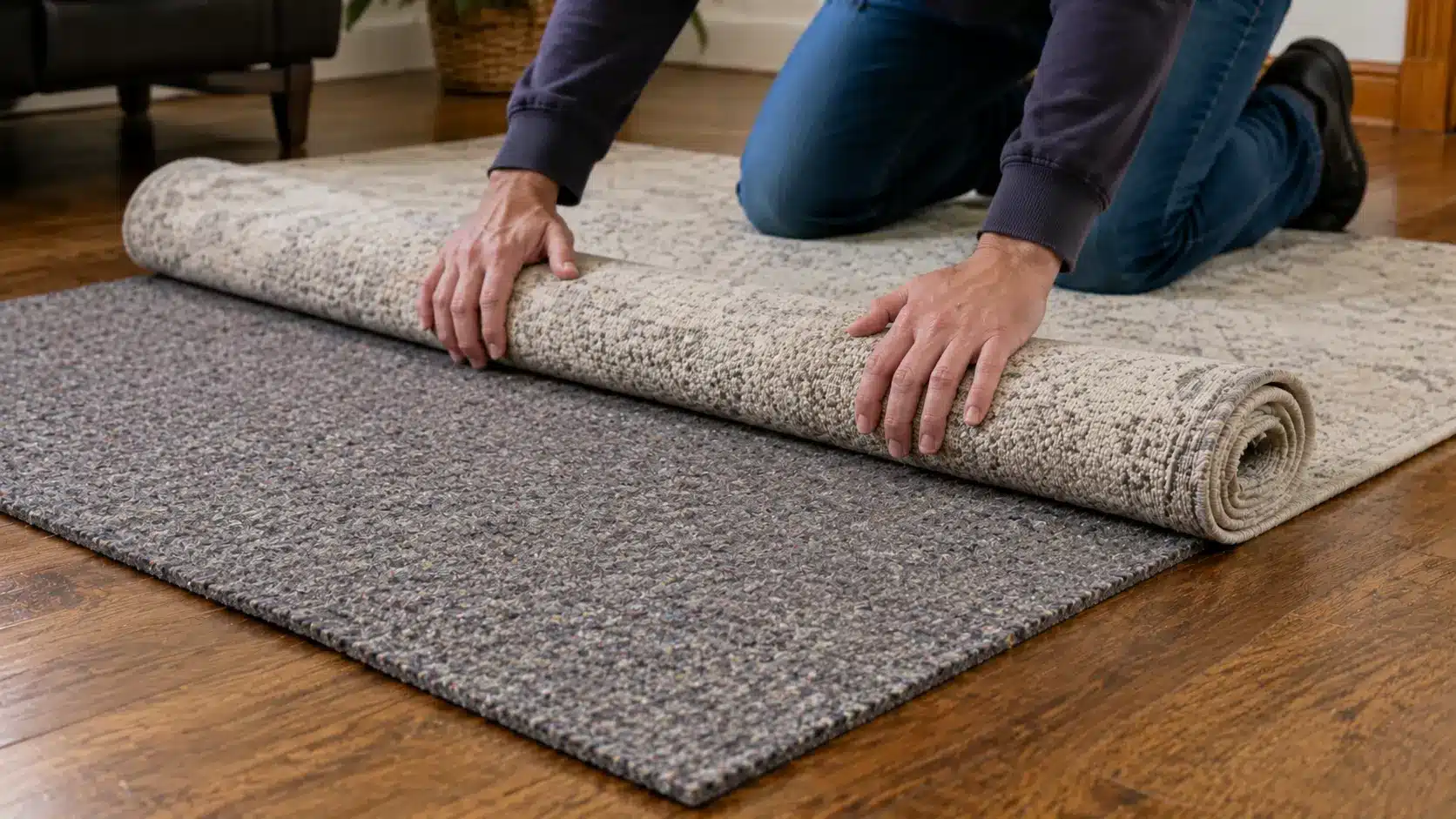 Person placing a thick area rug over cushioned floor underlay to reduce noise on a hardwood floor.