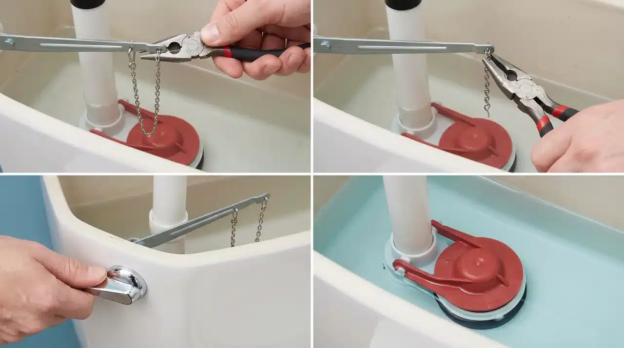 Adjusting a toilet flapper chain with pliers and testing the flush handle.