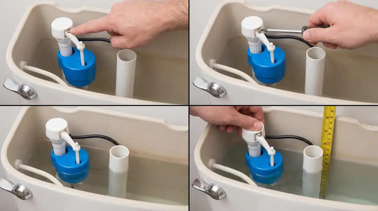 Adjusting the toilet float height and measuring the tank’s water level.