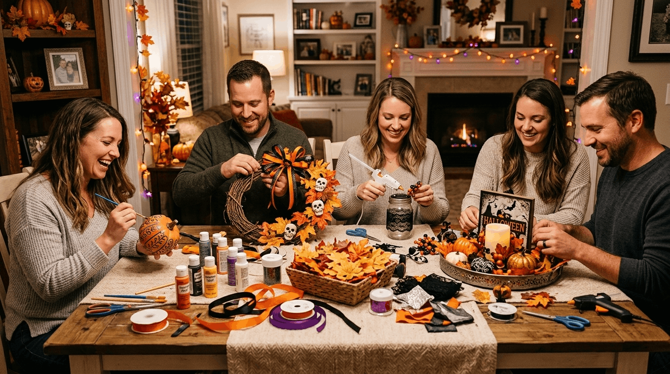 Adults creating Halloween crafts during a craft night