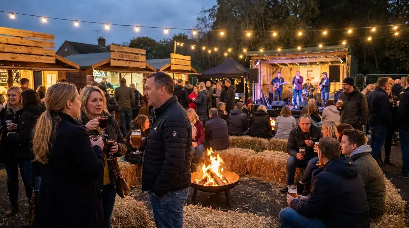 Adults enjoying a fall festival with live music and outdoor seating