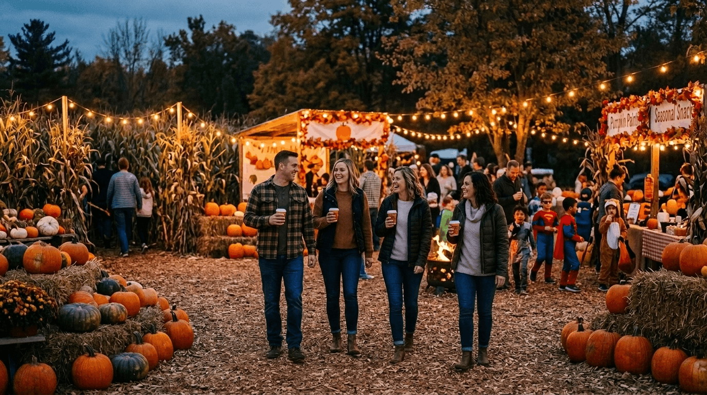 Adults visiting a Halloween fall festival with seasonal decorations