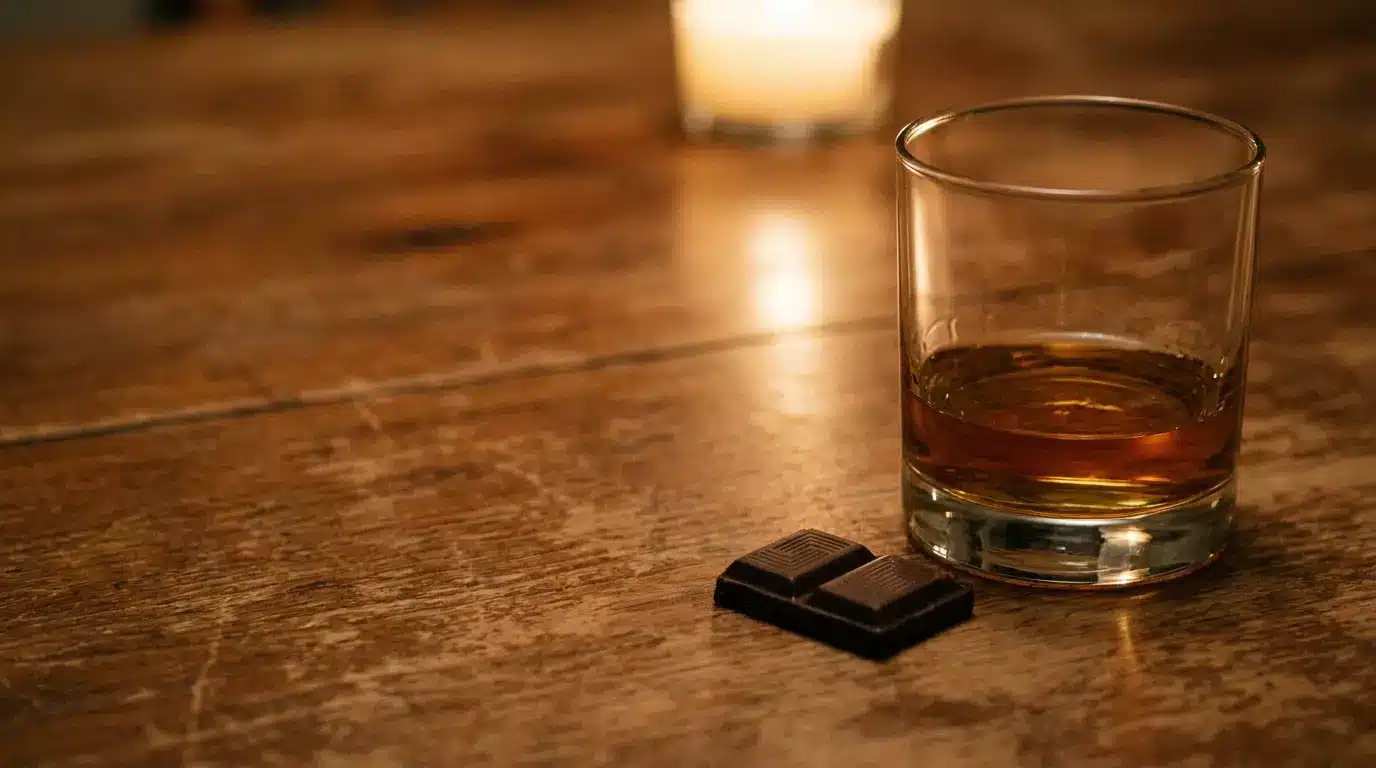 Glass of whiskey and dark chocolate pieces on rustic wooden table in dim lighting