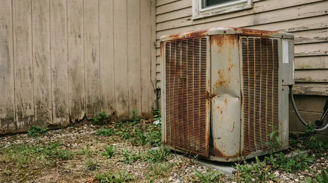 Rusty air conditioning unit beside weathered wooden wall in outdoor setting