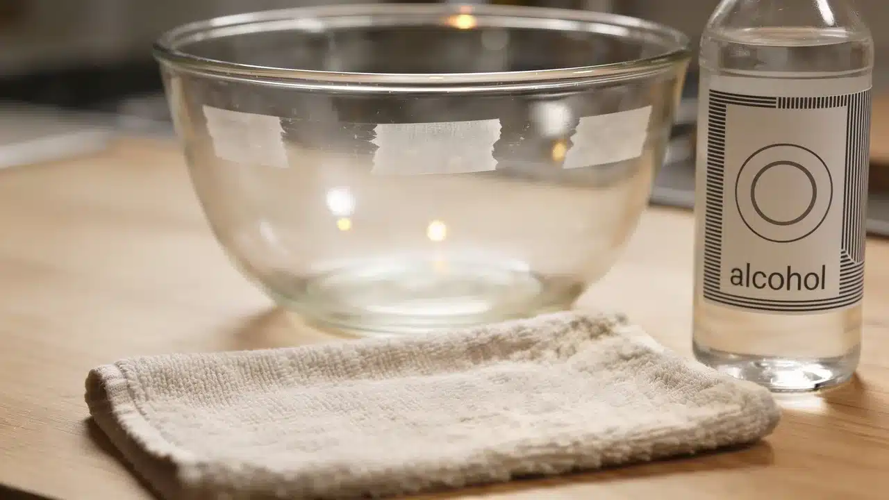 Alcohol being used to remove adhesive residue from a smooth glass surface