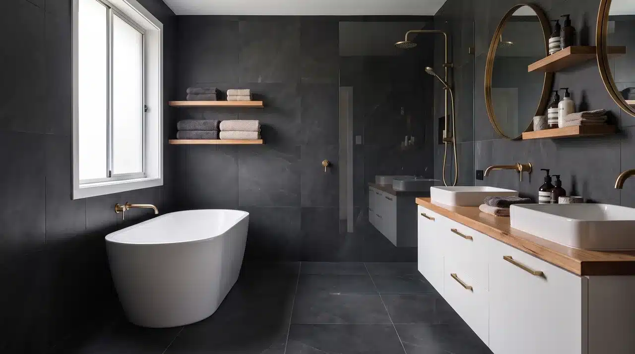 all-charcoal grey palette dark bathroom
