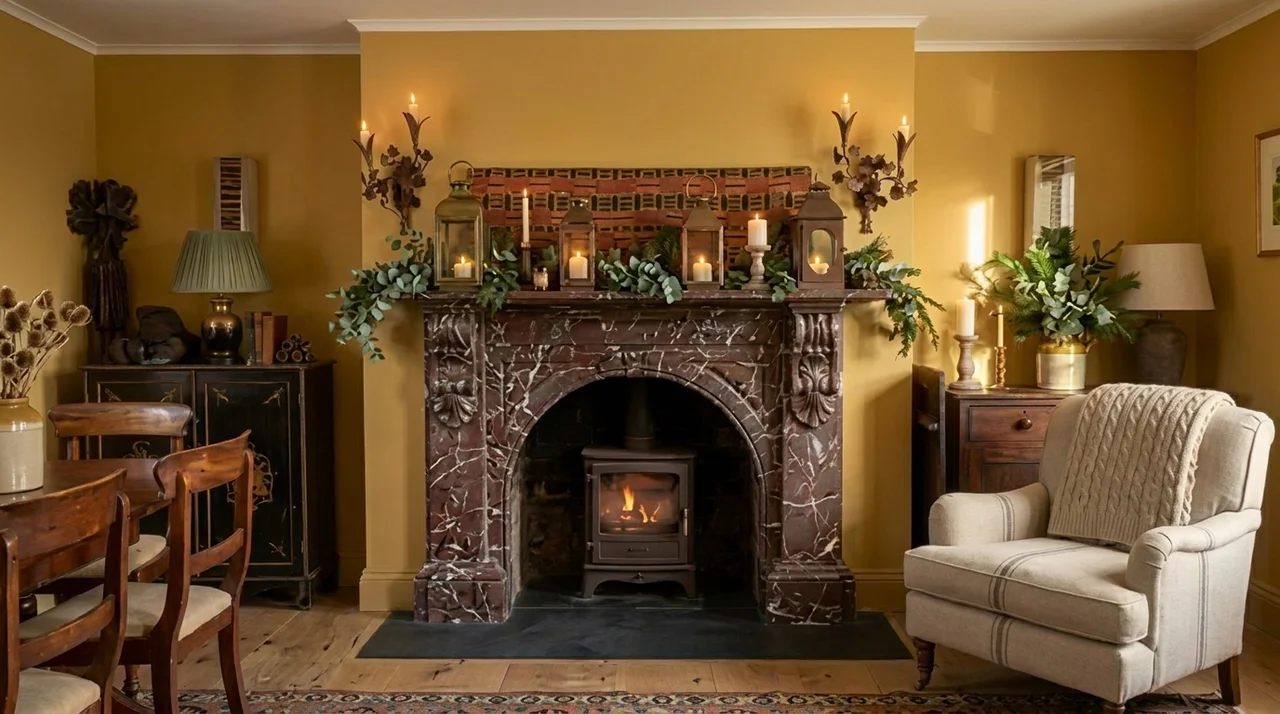 Rustic fireplace mantel with antique lantern decorations.