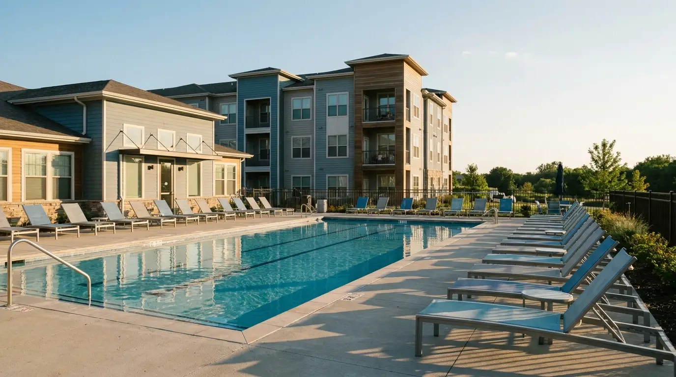 Outdoor swimming pool surrounded by lounge chairs next to modern apartment buildings in warm sunlight