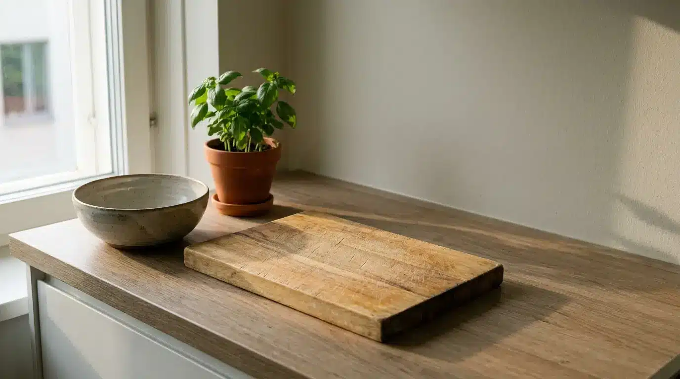 Cutting board and potted basil plant on wooden counter in natural light