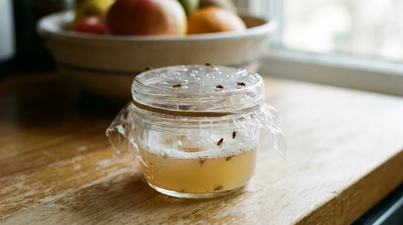 apple cider vinegar fly trap in a glass jar with small flies gathered around it on a kitchen counter