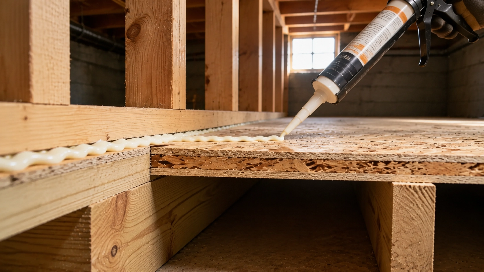 Applying adhesive between floor joist and subfloor to reduce movement