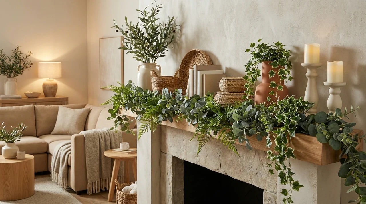 Fireplace mantel decorated with realistic artificial greenery.
