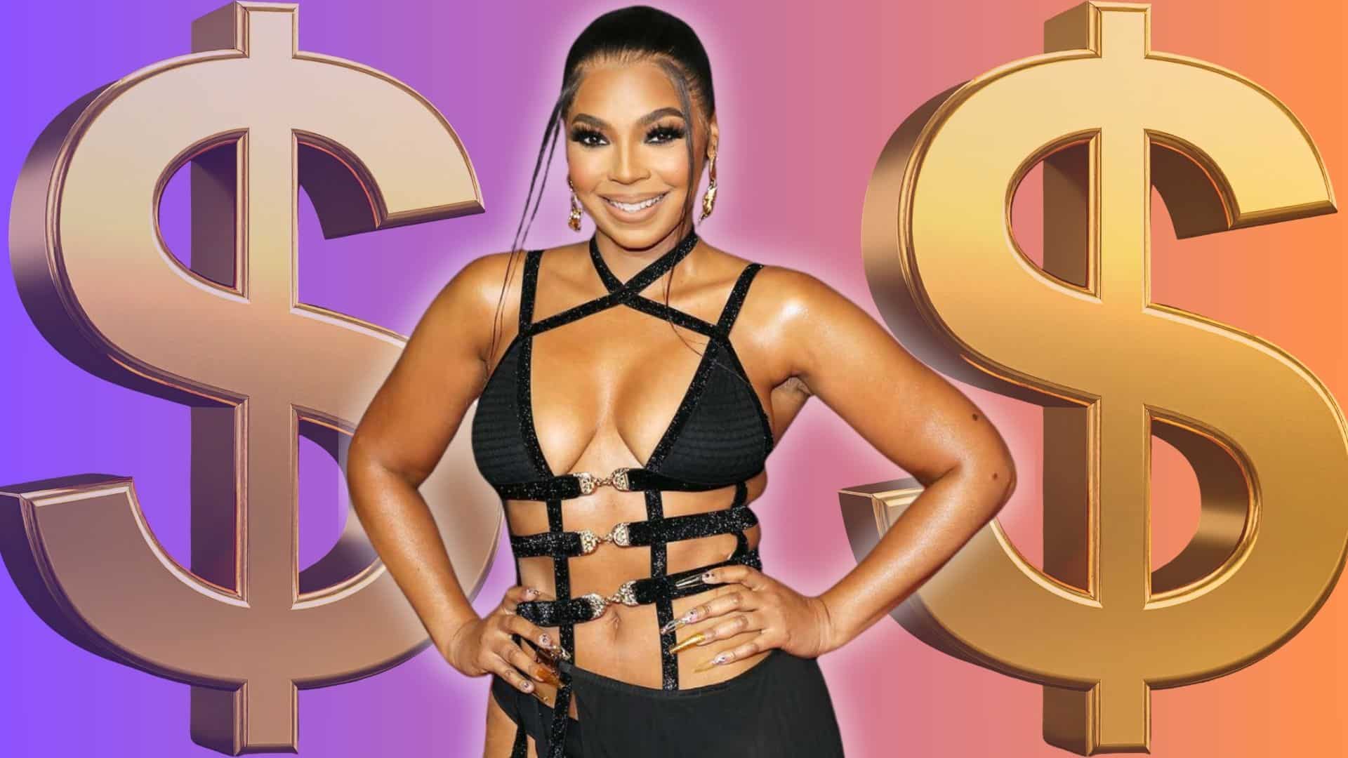 Ashanti in a black cutout outfit posing between two large gold dollar signs on a purple and orange background.