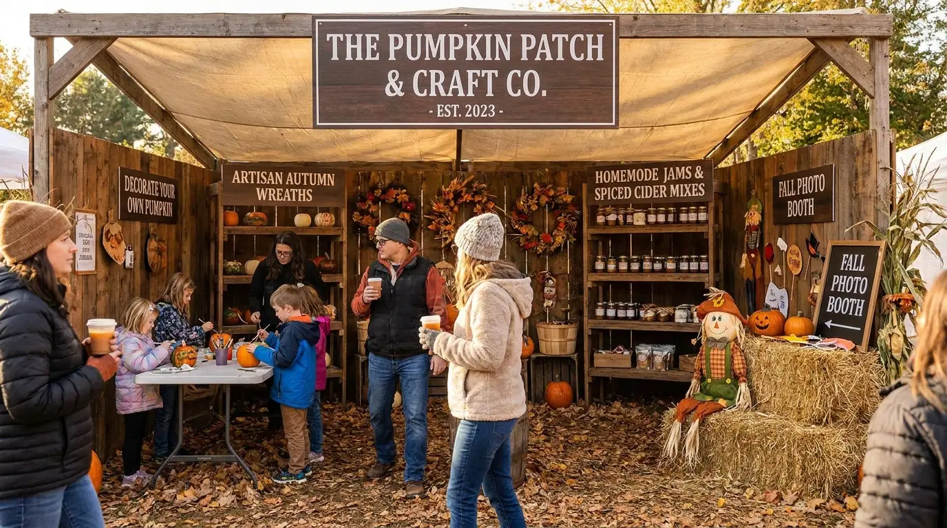 Autumn craft booth with pumpkins and handmade decorations
