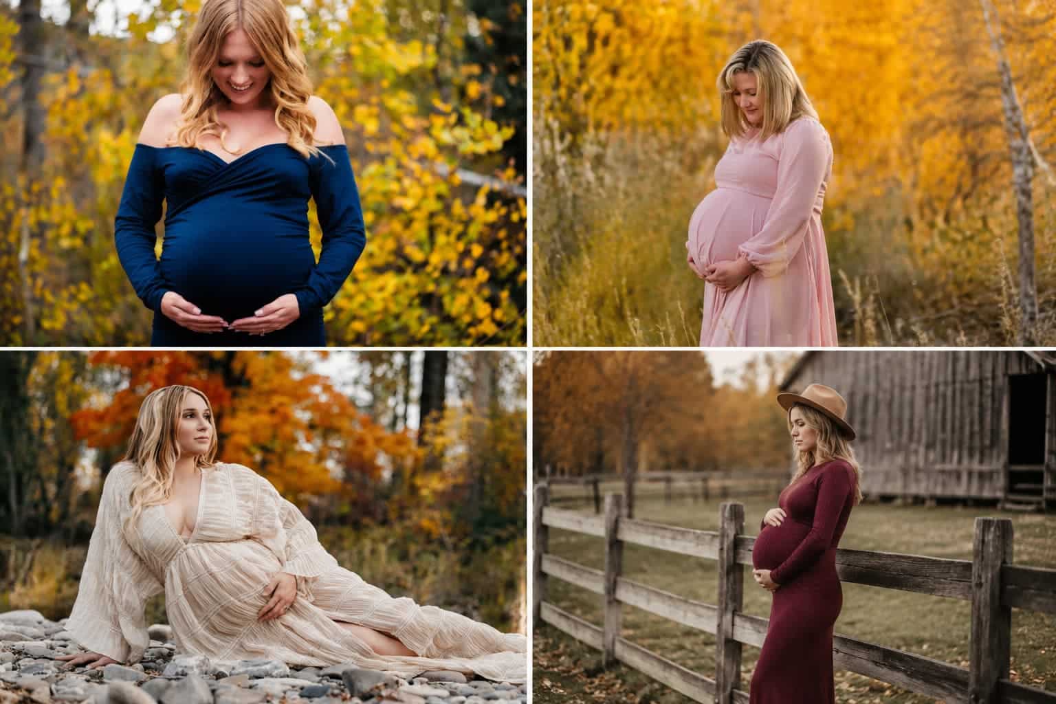 Autumn maternity photoshoot collage showcasing pregnant women in stylish gowns surrounded by fall trees and rustic scenery.