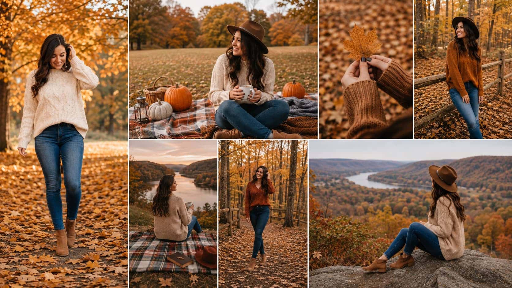 Autumn photoshoot collage showing cozy outfits, pumpkin patch setups, and leaf-covered scenic outdoor locations.