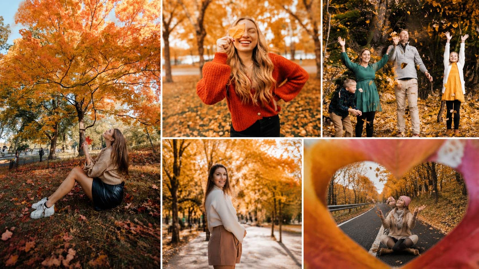 Autumn photoshoot poses collage featuring natural outdoor portraits, candid family moments, and leaf-throwing photos.