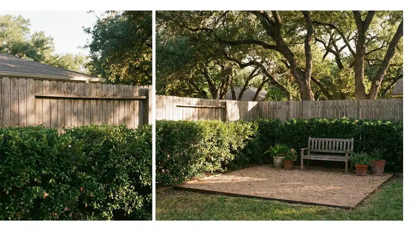 Wooden bench on gravel patio surrounded by potted plants and wooden fence in sunny garden setting
