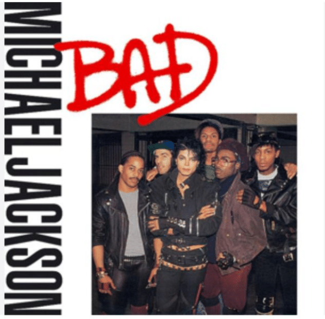 Bad album cover featuring a group photo with the title Bad.